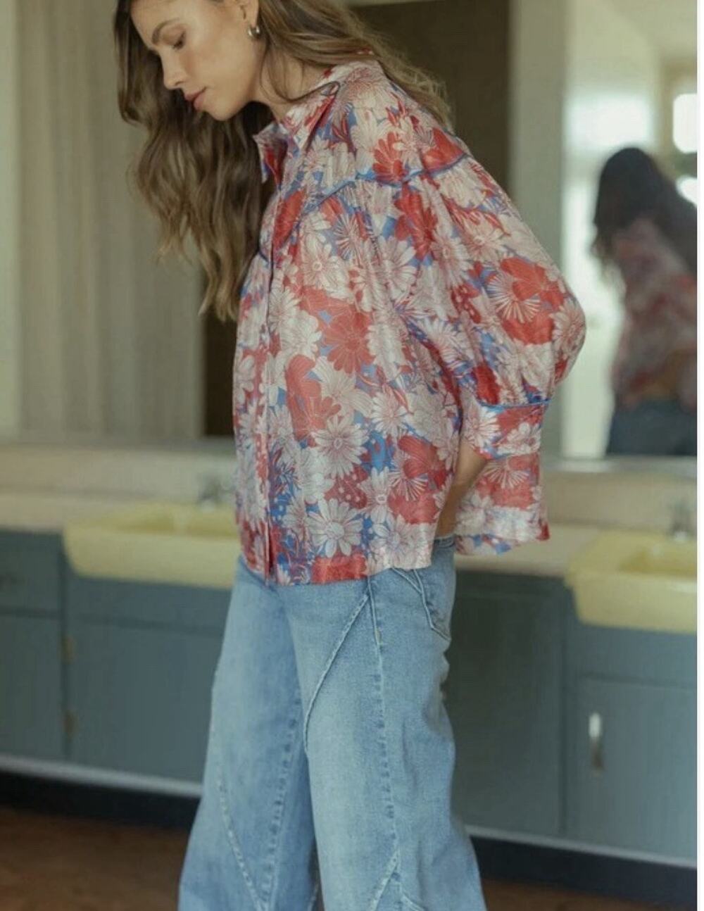 NWT Anniewear Boho Floral Piping Detail Blouse Top Sz XL